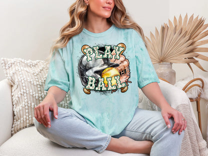 Play Ball Softball Turquoise Cowprint DTF TRANSFER