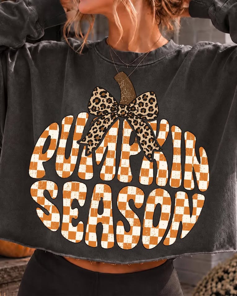 Pumpkin Season Checkered Lettering Leopard Bow DTF TRANSFER