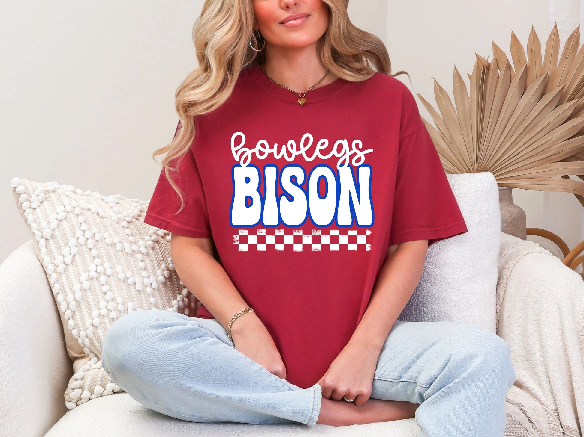 Retro Stacked Mascot Bowlegs Bison Retro Checkered Mascot DTF TRANSFER