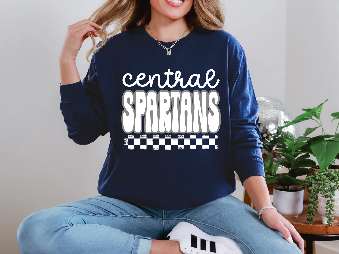 Retro Stacked Mascot Central Spartans White Gray Retro Checkered Mascot DTF TRANSFER
