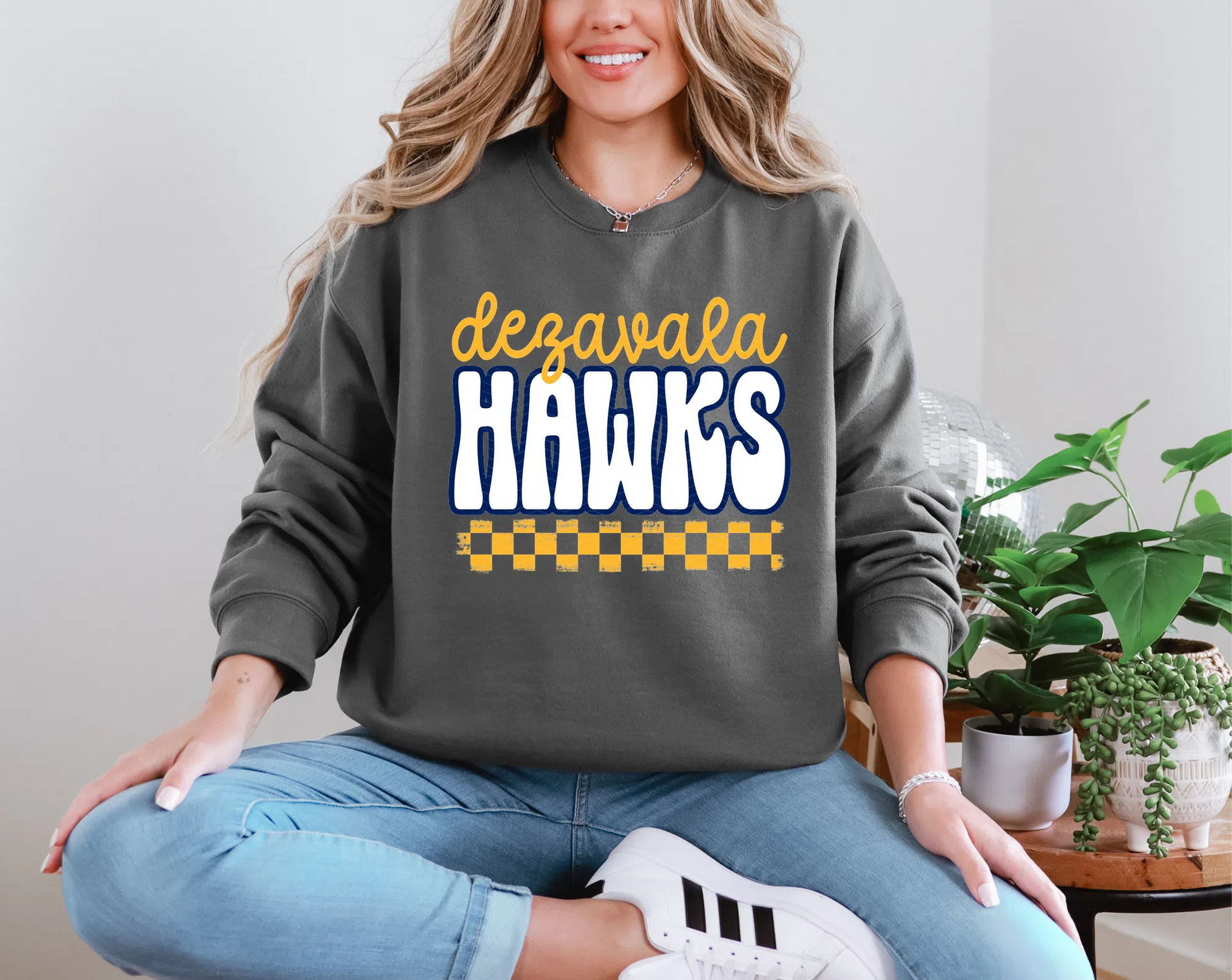 Retro Stacked Mascot DeZavala Hawks Retro Checkered Mascot DTF TRANSFER