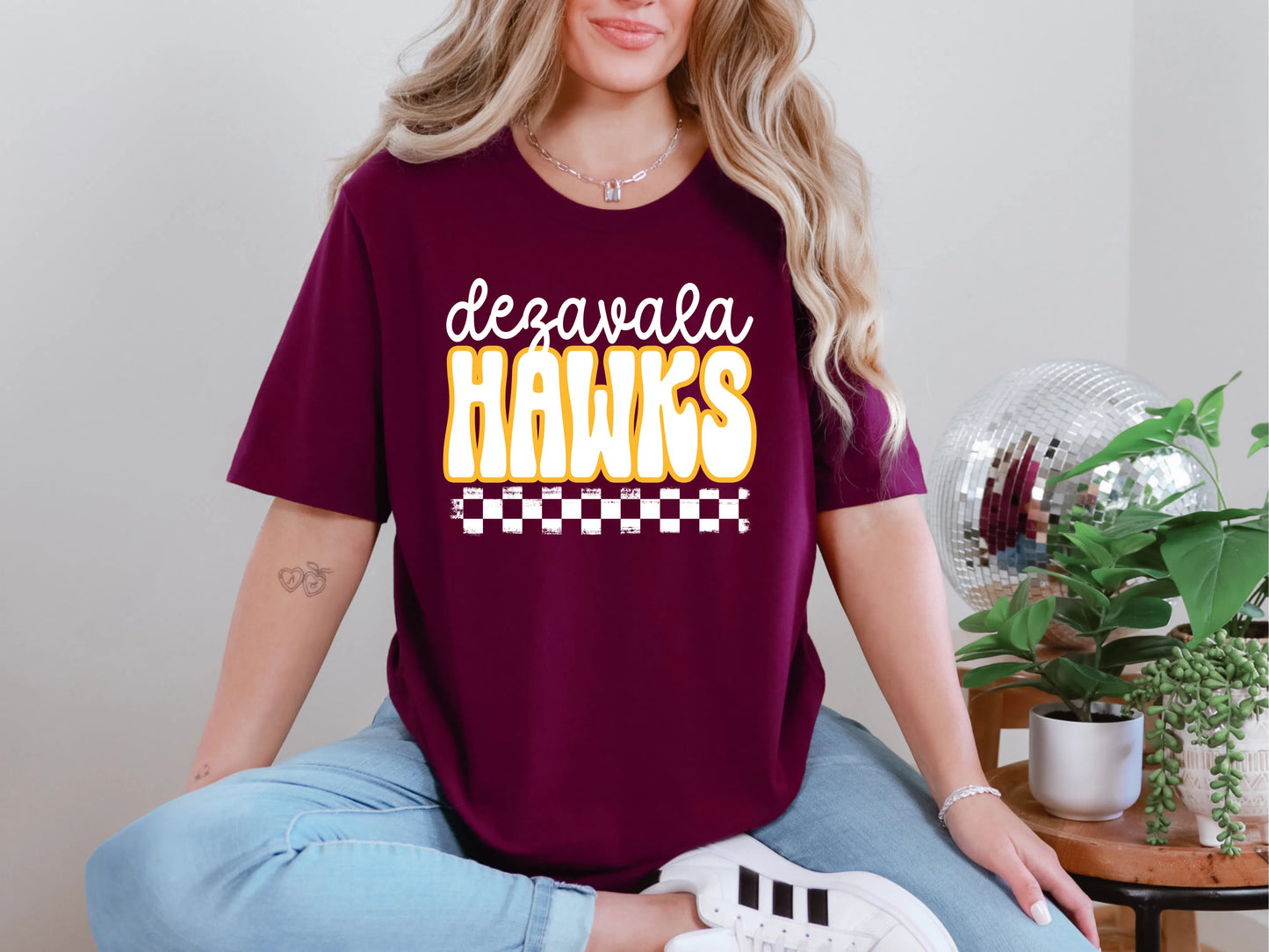 Retro Stacked Mascot DeZavala Hawks White Yellow Retro Checkered Mascot DTF TRANSFER