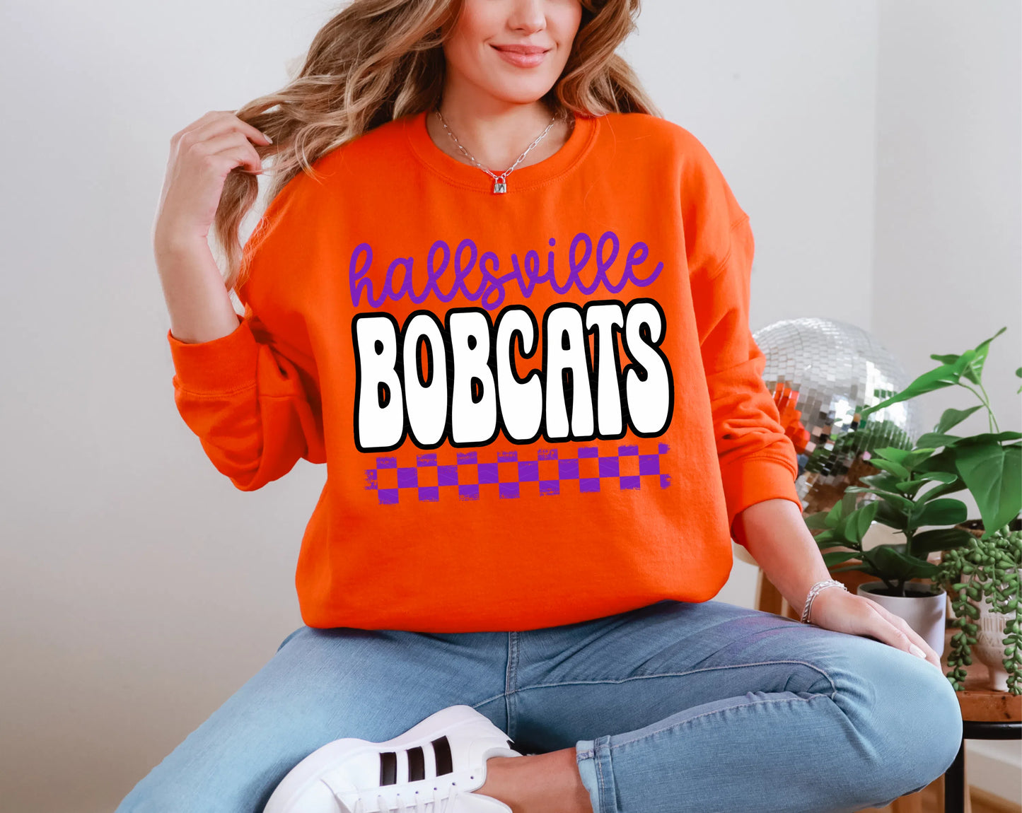 Retro Stacked Mascot Hallsville Bobcats Retro Checkered Mascot DTF TRANSFER
