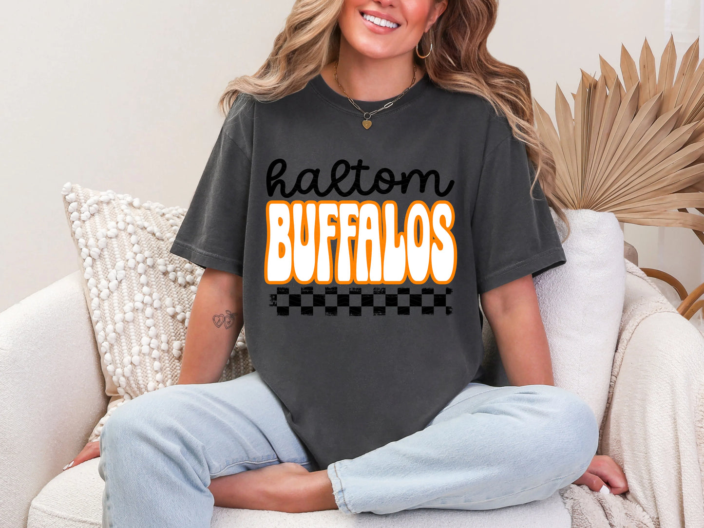Retro Stacked Mascot Haltom Buffalos Retro Checkered Mascot DTF TRANSFER