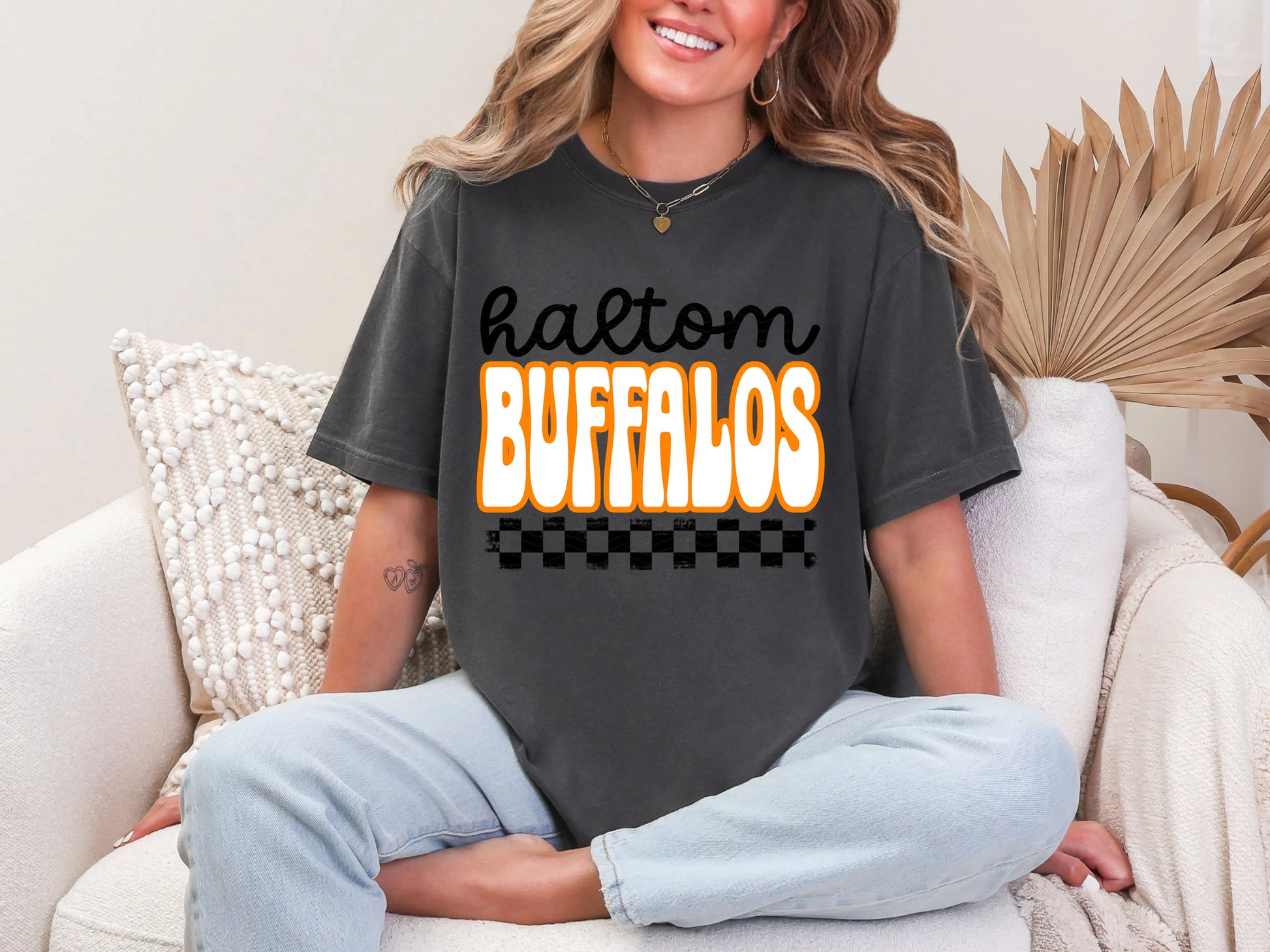 Retro Stacked Mascot Haltom Buffalos Retro Checkered Mascot DTF TRANSFER