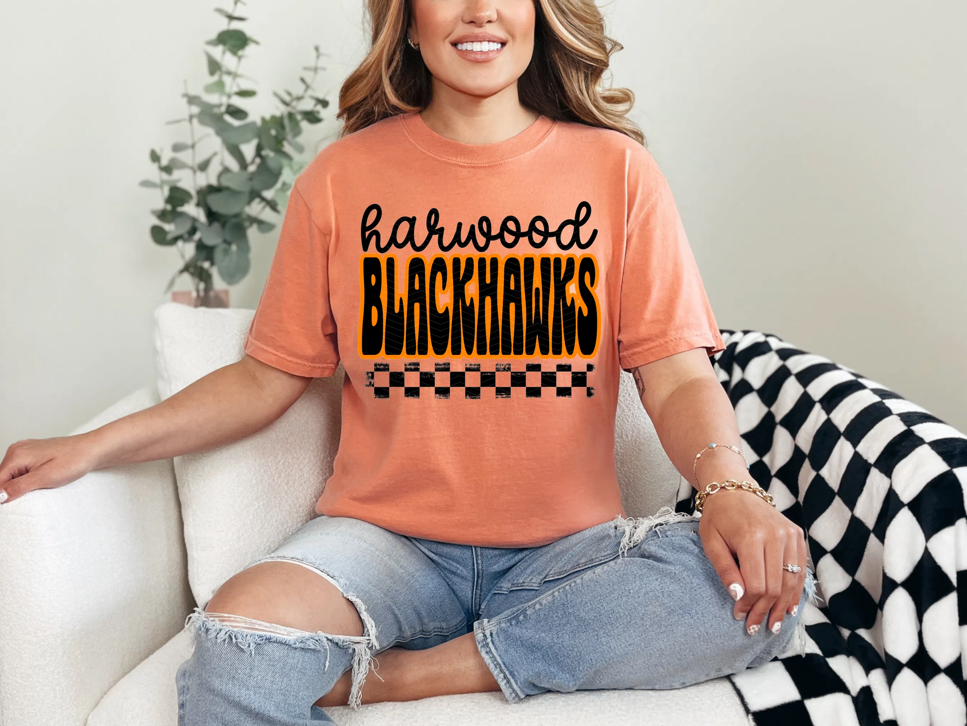 Retro Stacked Mascot Harwood Blackhawks Black Retro Checkered Mascot DTF TRANSFER