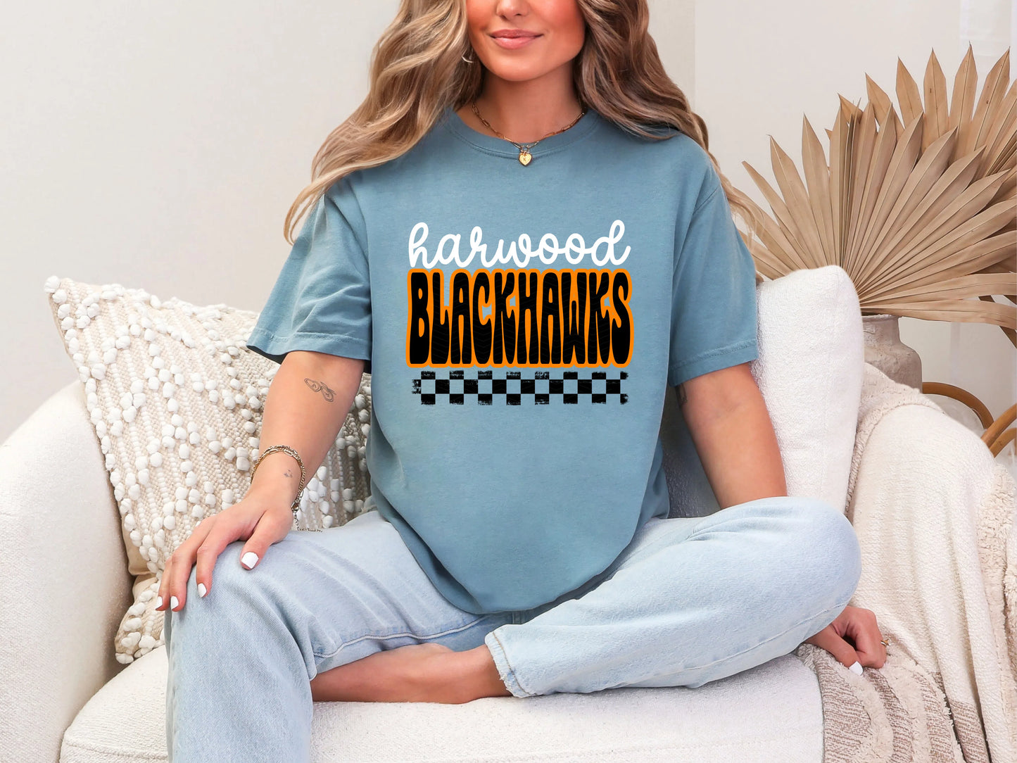 Retro Stacked Mascot Harwood Blackhawks Retro Checkered Mascot DTF TRANSFER