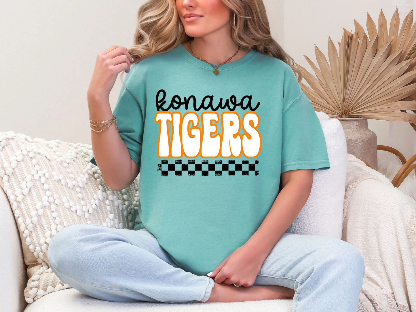 Retro Stacked Mascot Konawa Tigers Retro Checkered Mascot DTF TRANSFER