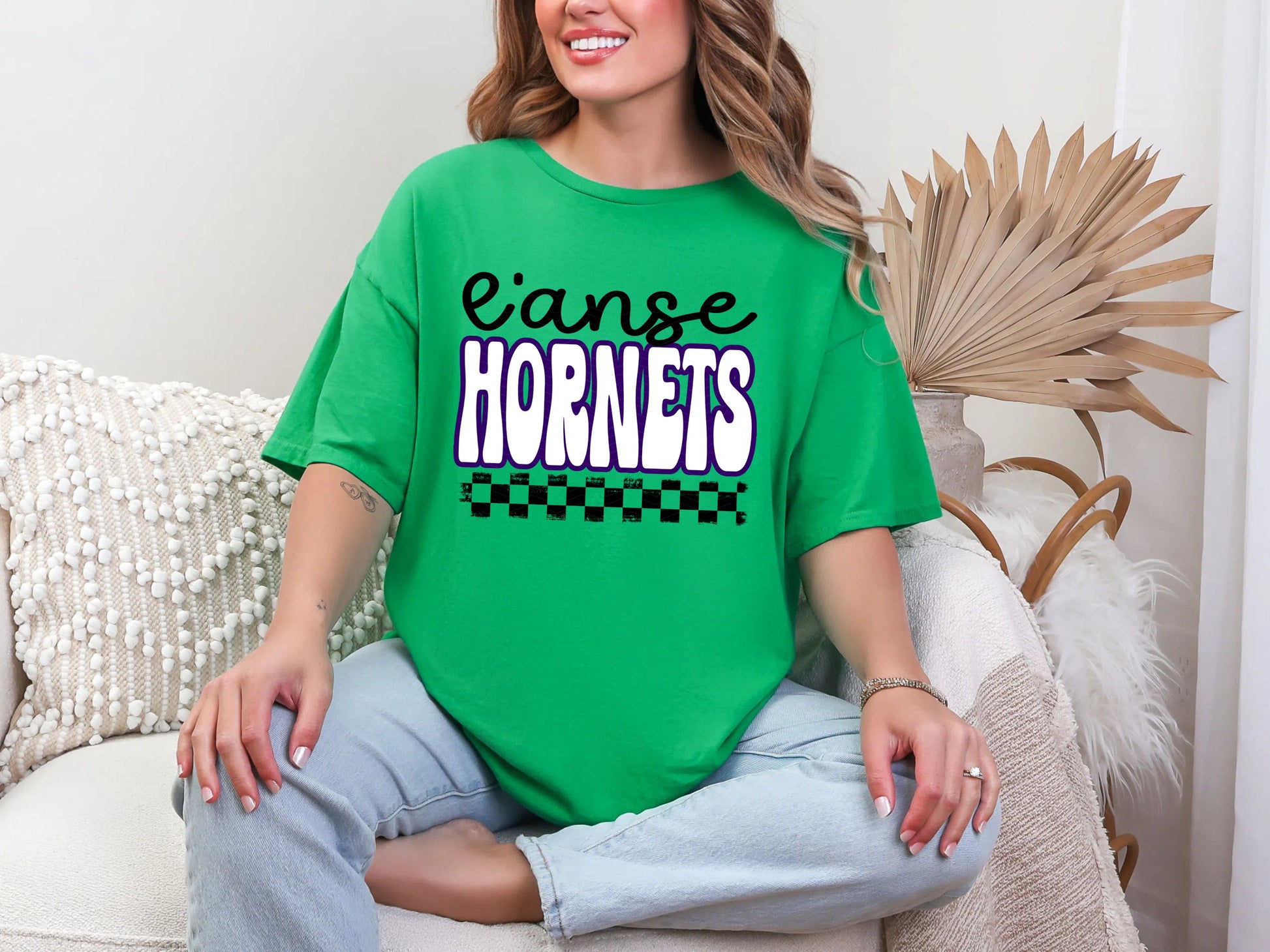 Retro Stacked Mascot L'Anse Hornets Retro Checkered Mascot DTF TRANSFER