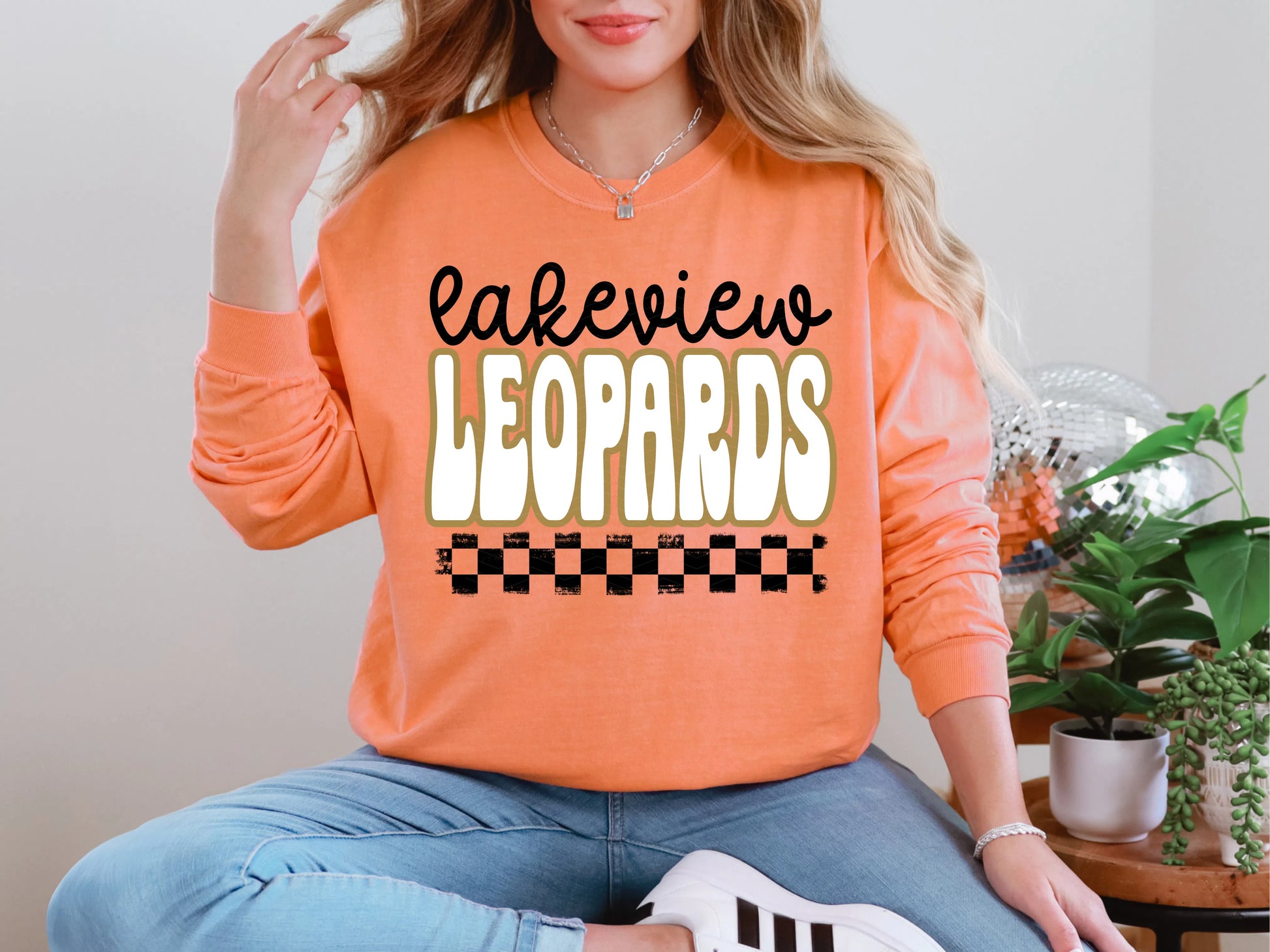 Retro Stacked Mascot Lakeview Leopards Retro Checkered Mascot DTF TRANSFER