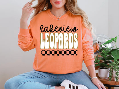 Retro Stacked Mascot Lakeview Leopards Retro Checkered Mascot DTF TRANSFER