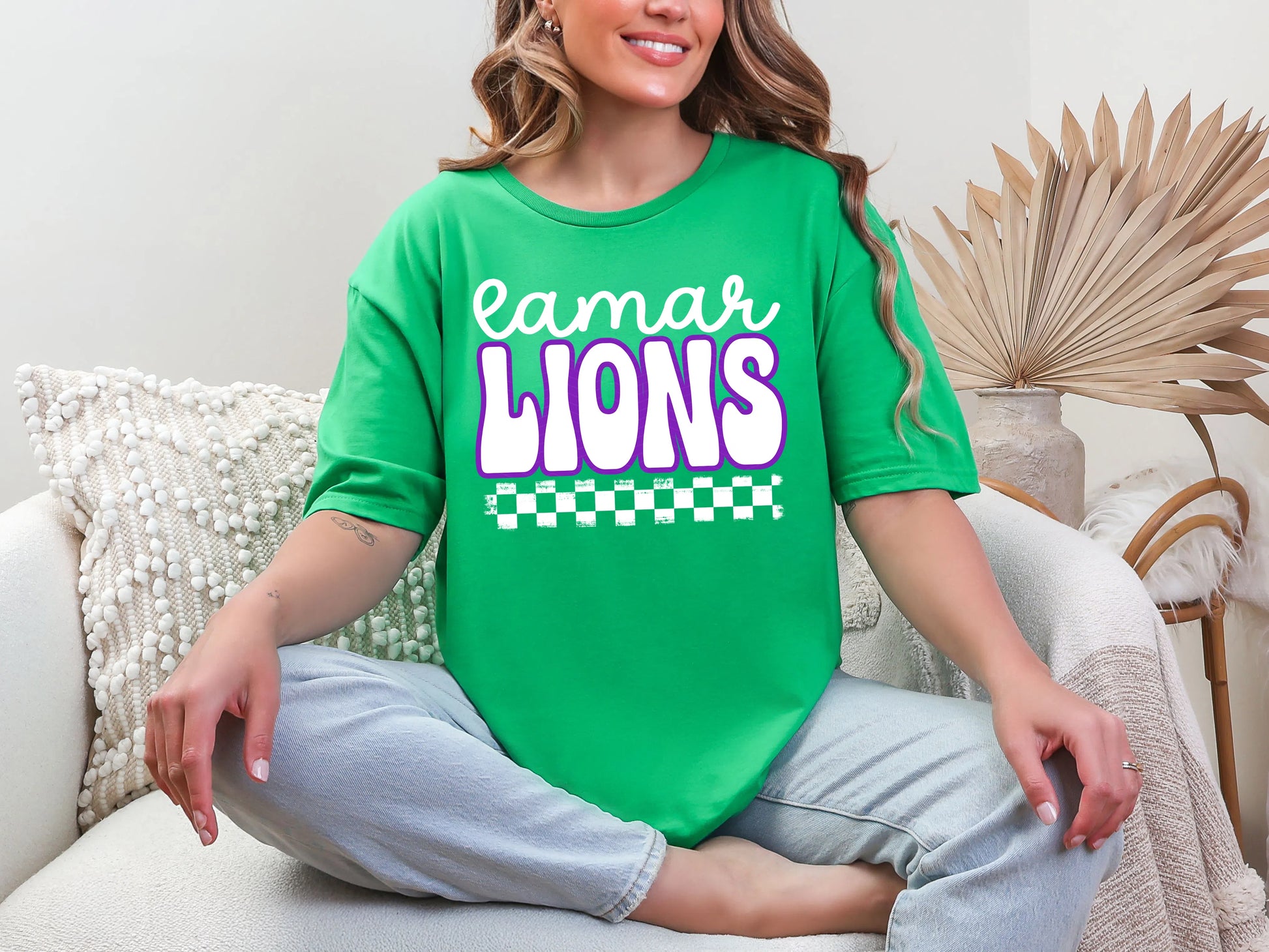 Retro Stacked Mascot Lamar Lions Retro Checkered Mascot DTF TRANSFER