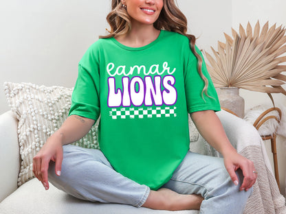 Retro Stacked Mascot Lamar Lions Retro Checkered Mascot DTF TRANSFER