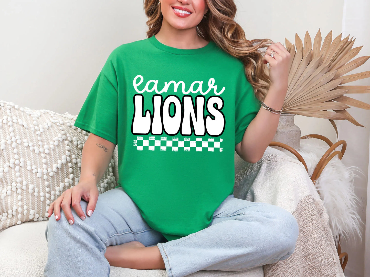 Retro Stacked Mascot Lamar Lions White Black Retro Checkered Mascot DTF TRANSFER