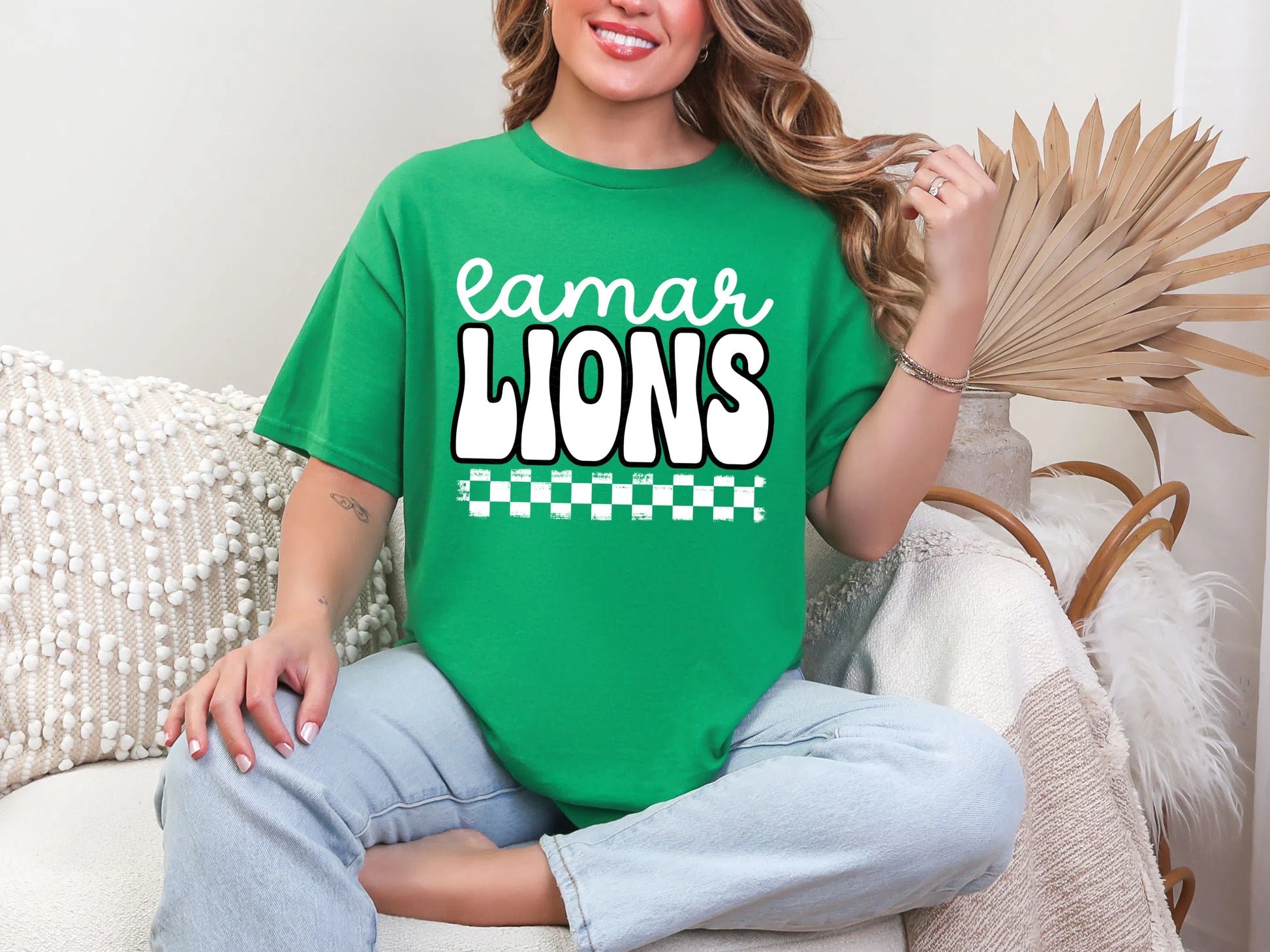 Retro Stacked Mascot Lamar Lions White Black Retro Checkered Mascot DTF TRANSFER