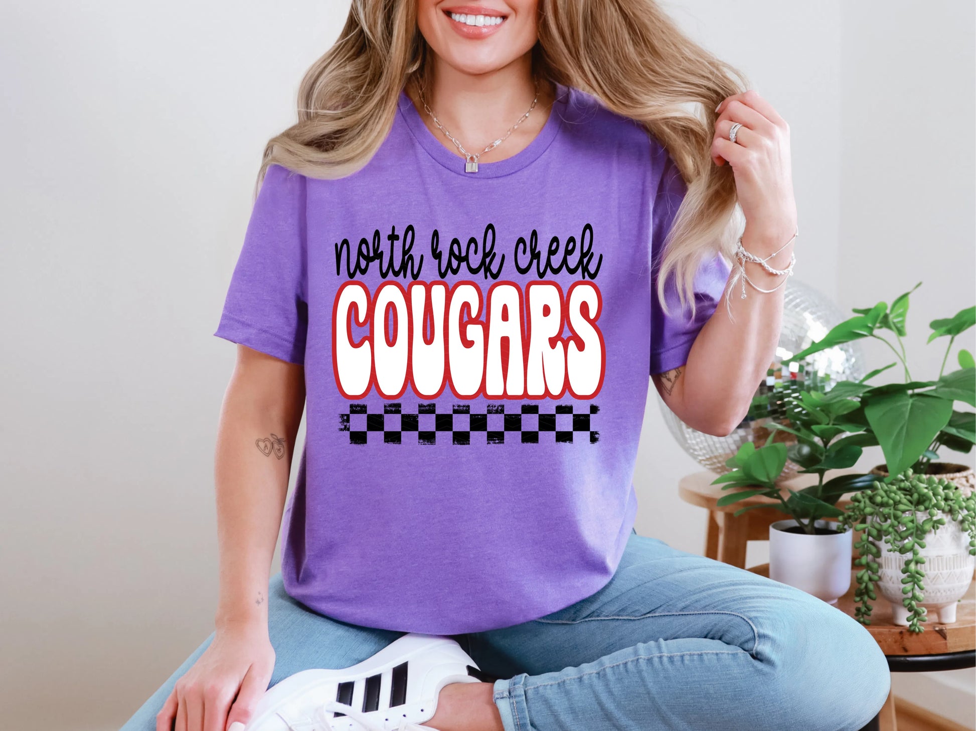 Retro Stacked Mascot North Rock Creek Cougars Retro Checkered Mascot DTF TRANSFER
