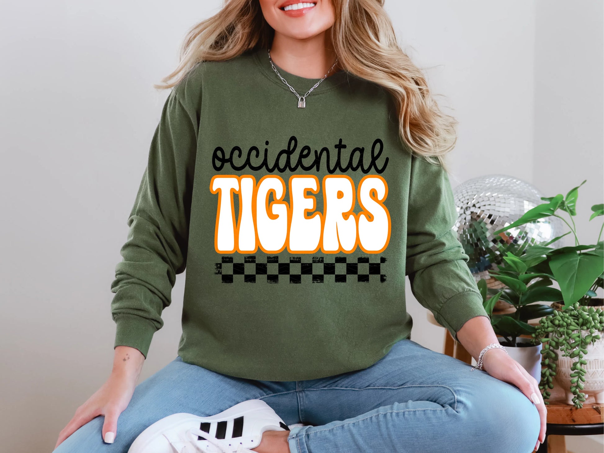 Retro Stacked Mascot Occidental Tigers Retro Checkered Mascot DTF TRANSFER