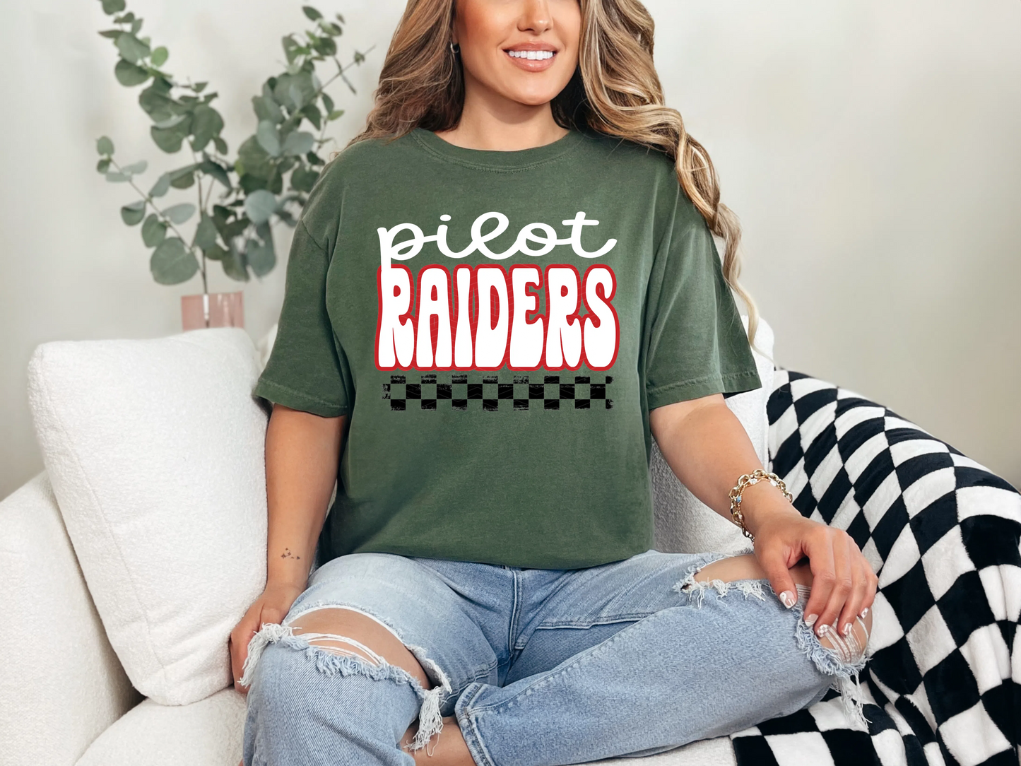 Retro Stacked Mascot Pilot Raiders Retro Checkered Mascot DTF TRANSFER