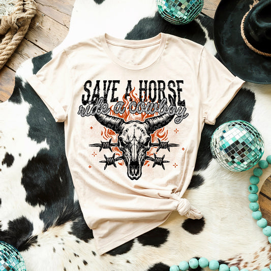 Save A Horse Ride A Cowboy Longhorn Skull DTF TRANSFER