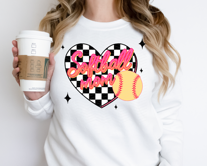 Softball Mom Checkered Heart DTF TRANSFER