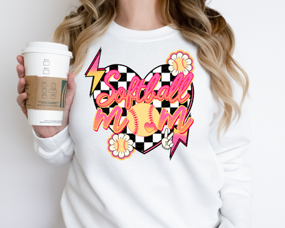 Softball Mom Checkered Heart DTF TRANSFER