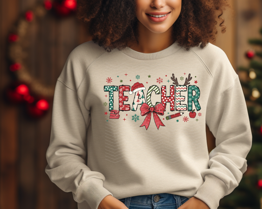 Teacher Christmas Doodle Bow DTF TRANSFER