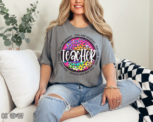 Teacher Grunge Circle Tie-Dye Leopard DTF TRANSFER