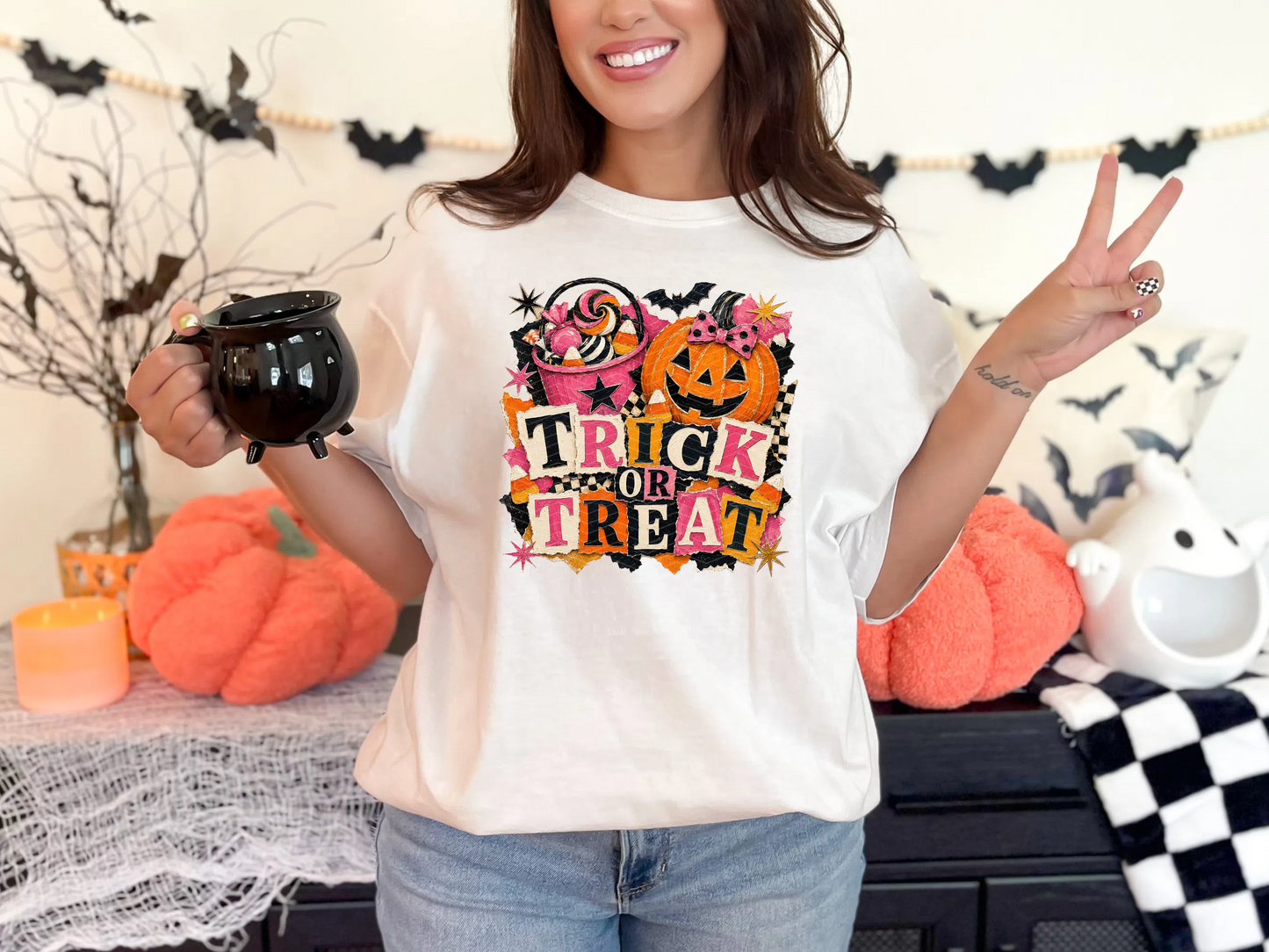 Trick or Treat painted Pumpkin and Candy Bucket DTF TRANSFER