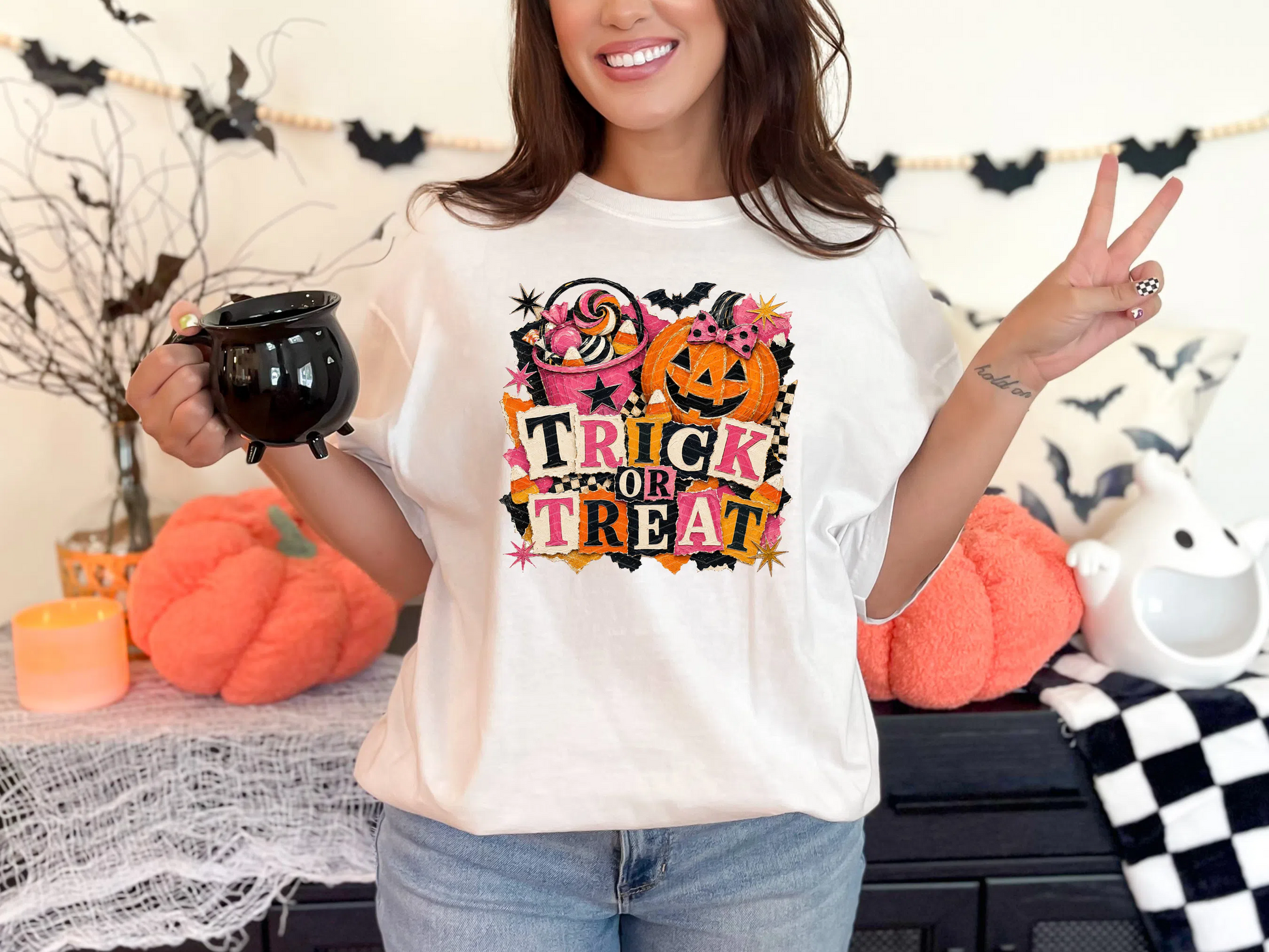 Trick or Treat painted Pumpkin and Candy Bucket DTF TRANSFER