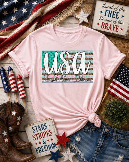 USA Flag Land That I Love America Teal Pink DTF TRANSFER