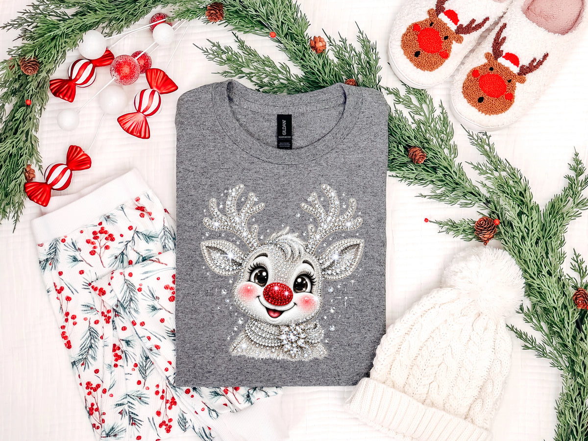 White Reindeer Rhinestone DTF TRANSFER