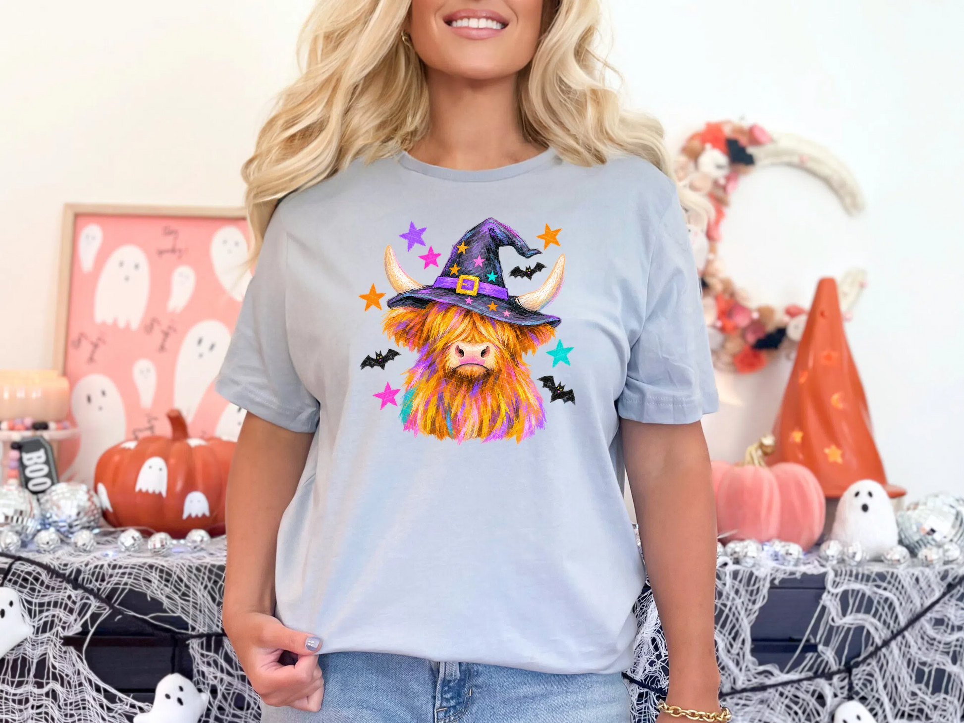 Witch Highland Cattle Bats and Stars DTF TRANSFER
