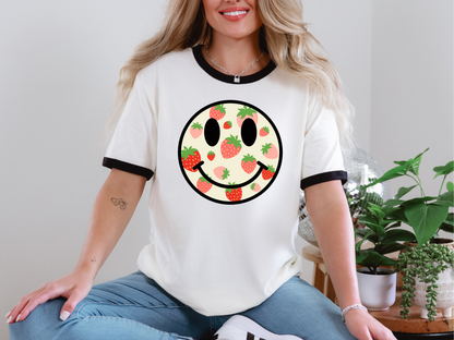 Strawberry Smiley Black Cream DTF TRANSFER