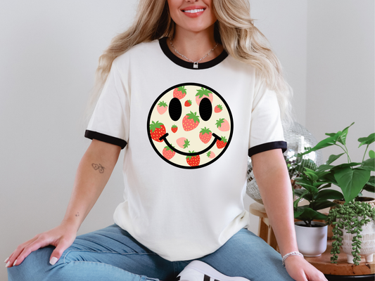 Strawberry Smiley Black Cream DTF TRANSFER