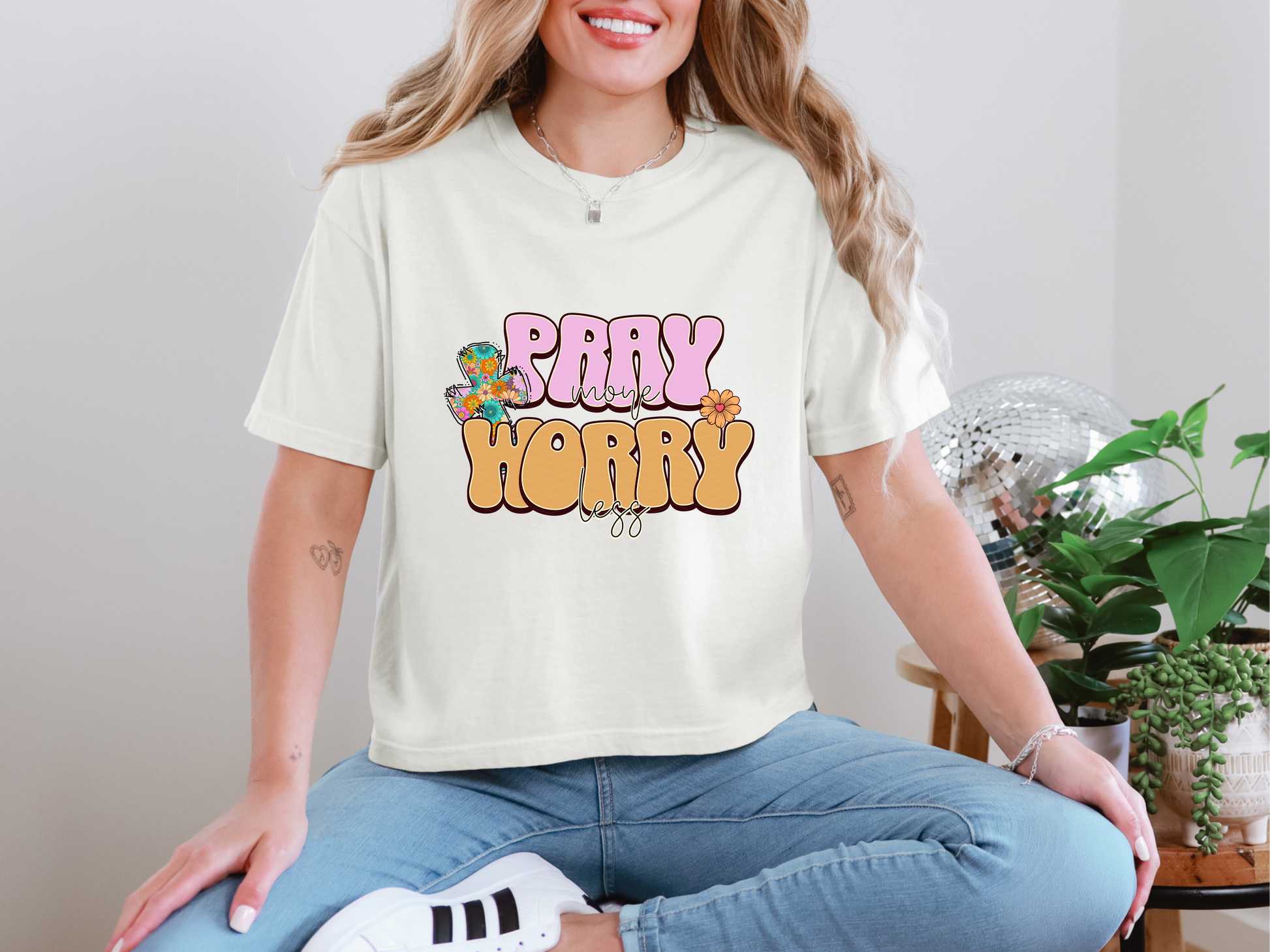 Pray More Worry Less Flower Cross DTF TRANSFER