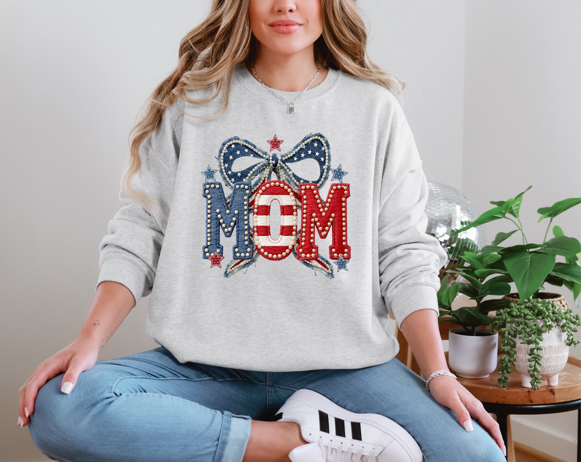 Mom Patriotic Denim Pearls DTF TRANSFER