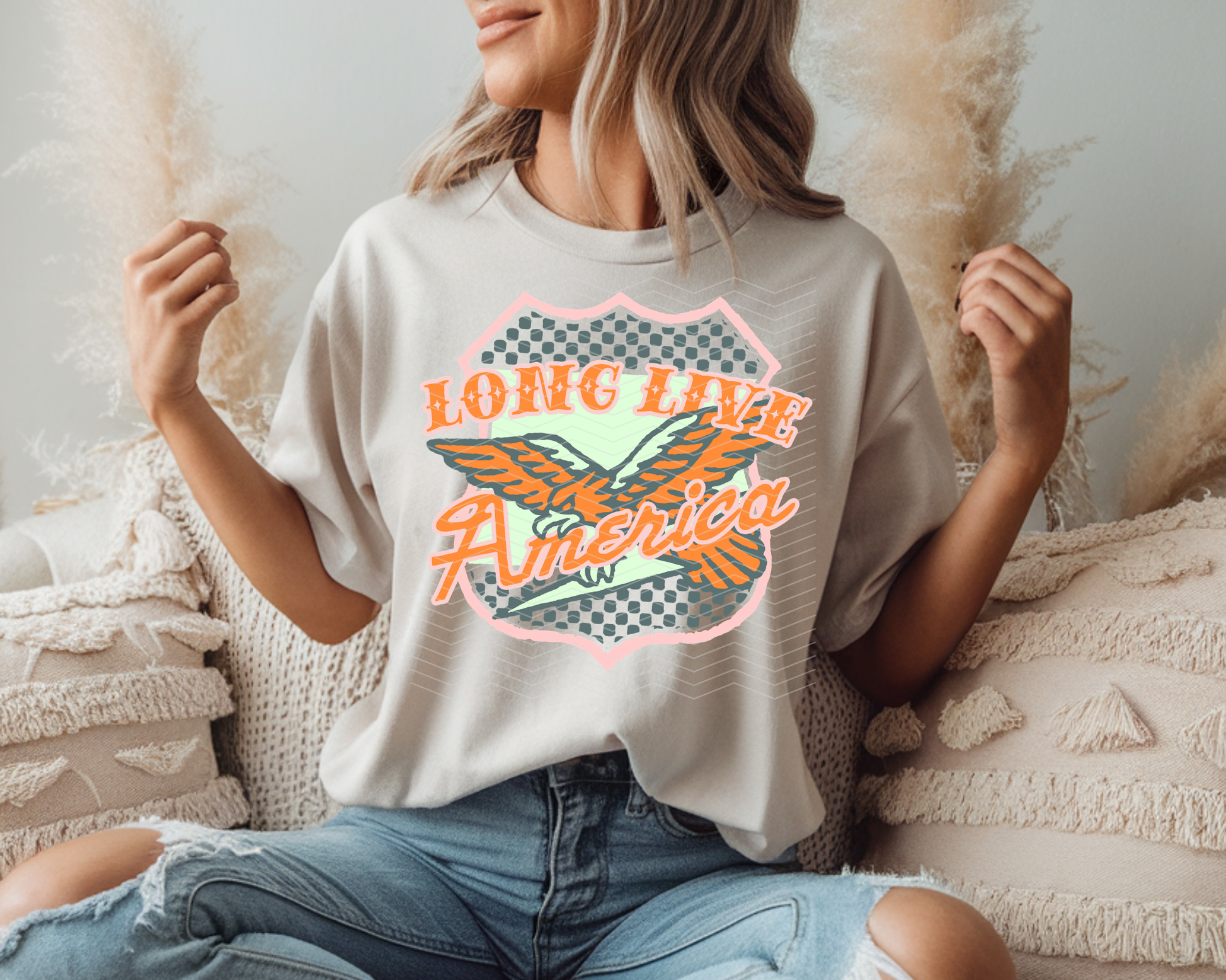 Long Live America Shield Orange Mint Pink DTF TRANSFER