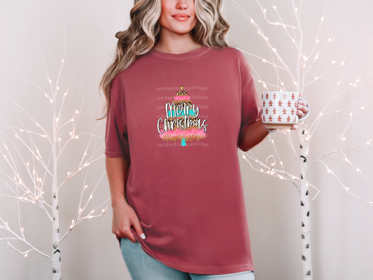 merry christmas trees pink blue leopard DTF TRANSFER